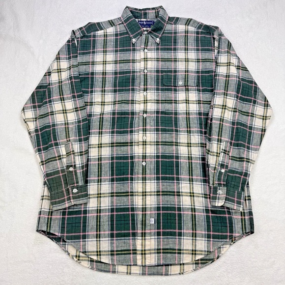 Ralph Lauren Shirt Mens L Green Pink Plaid Linen Cotton Button Down Pocket - Picture 2 of 8